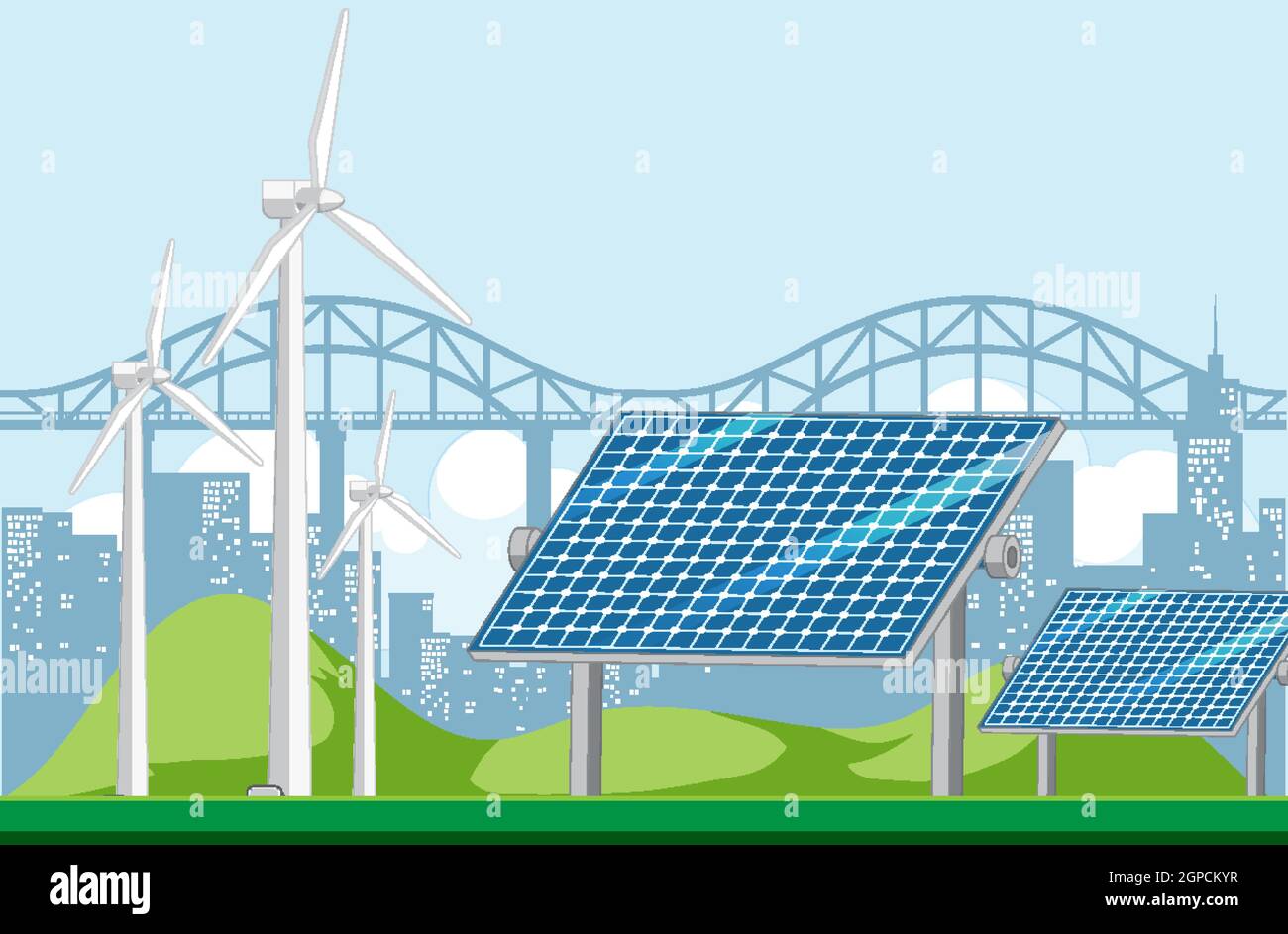 Green energy generated by wind turbine and solar panel illustration ...