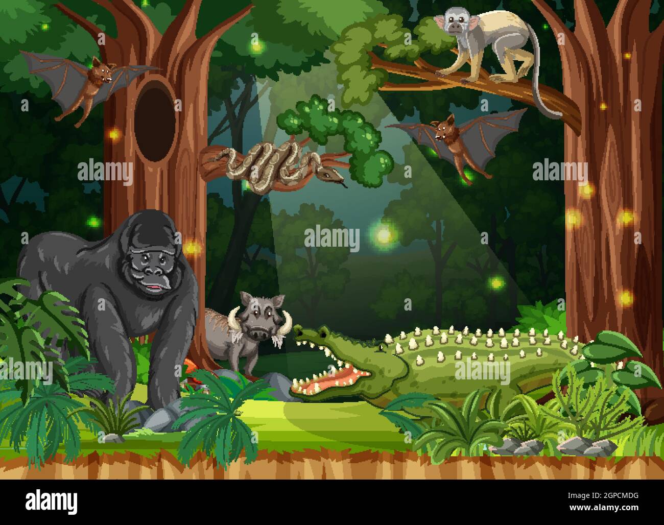 Wild animals in forest landscape background illustration Stock Vector ...