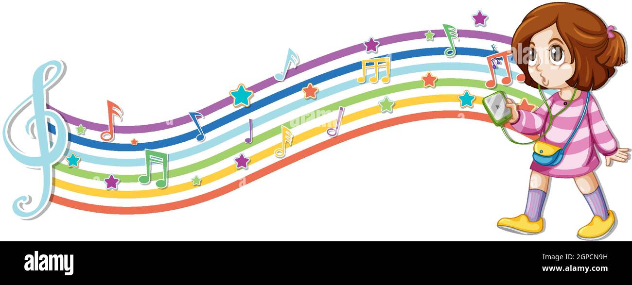 Girl with melody symbols on rainbow wave illustration Stock Vector ...