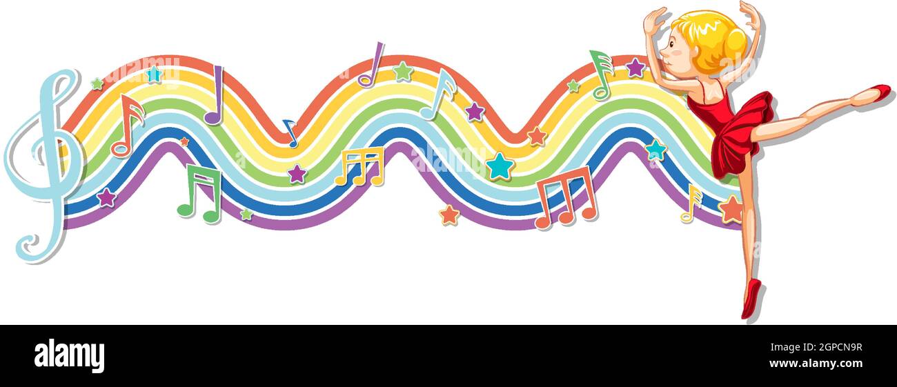 Ballerina with melody symbols on rainbow wave illustration Stock Vector ...