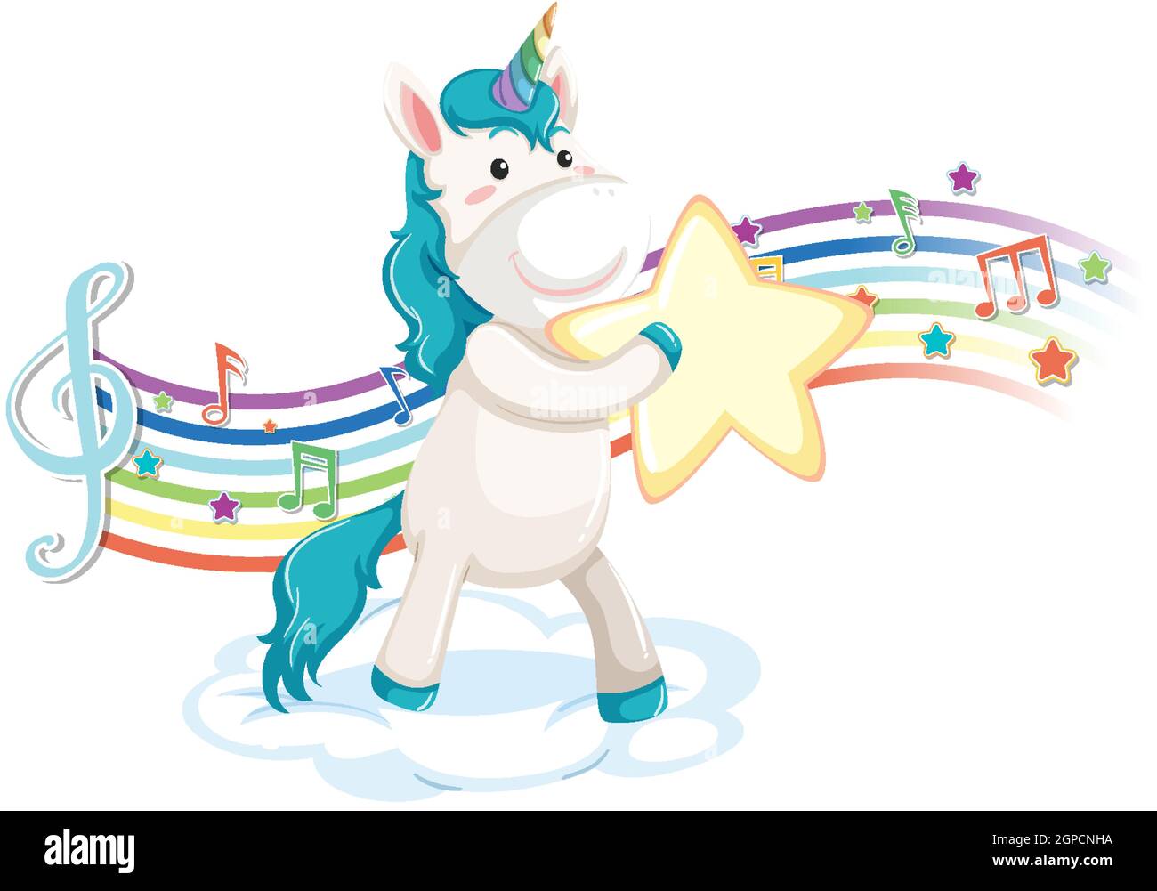 Cute unicorn standing on the cloud with melody symbols on rainbow ...