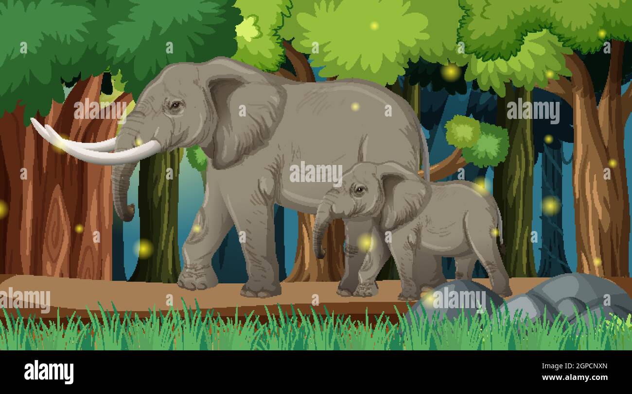 Wild animals in forest landscape background illustration Stock Vector ...