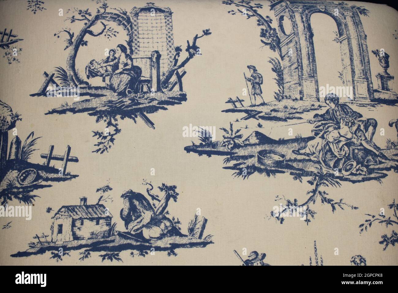 Vintage French Toile Linen Fabric in blue and white with a victorian feel Stock Photo