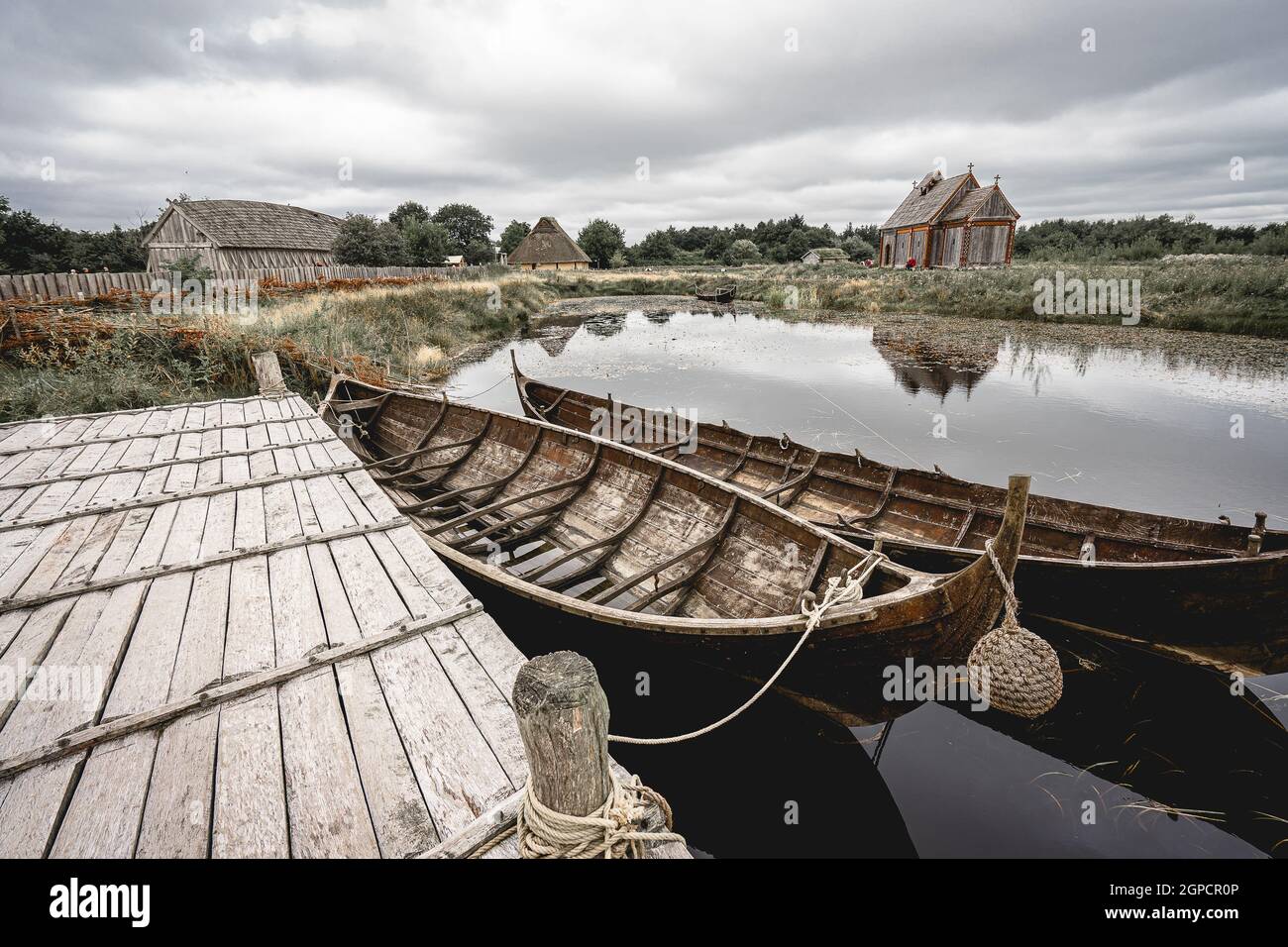 viking boats in the little viking center in Ribe Denmark. Stock Photo