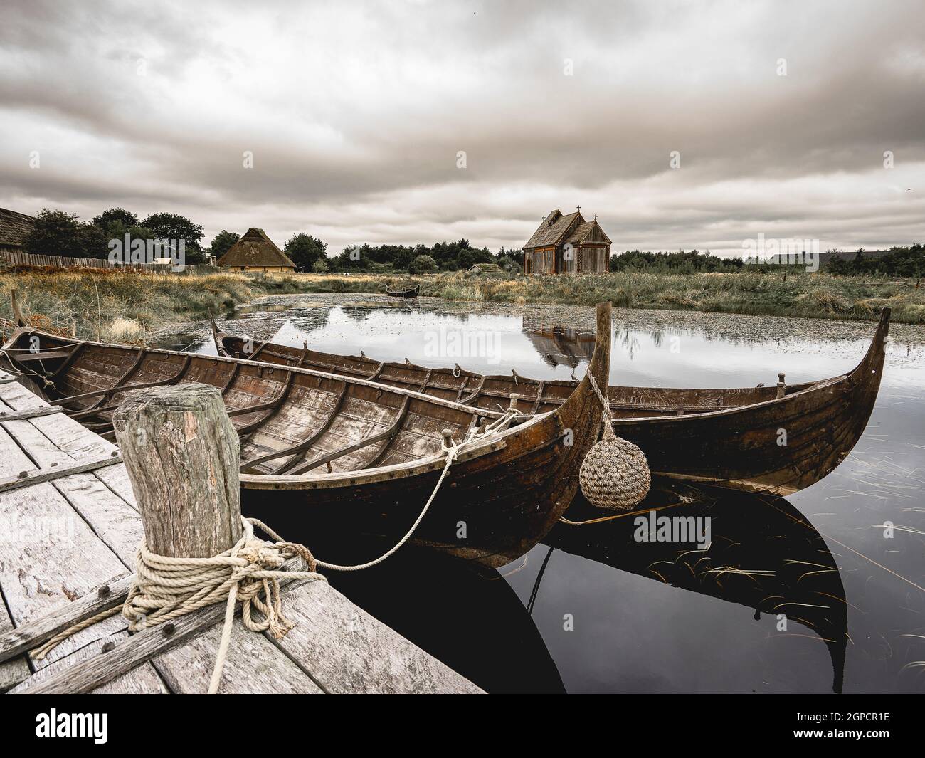 viking boats in the little viking center in Ribe Denmark. Stock Photo