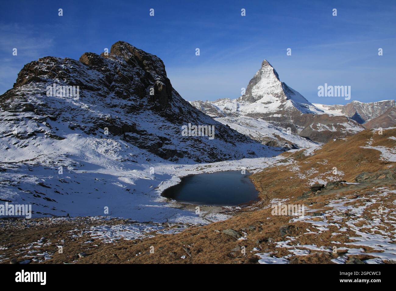 Morning scene on the Gornergrat, view of the Matterhorn and lake Riffelsee Stock Photo
