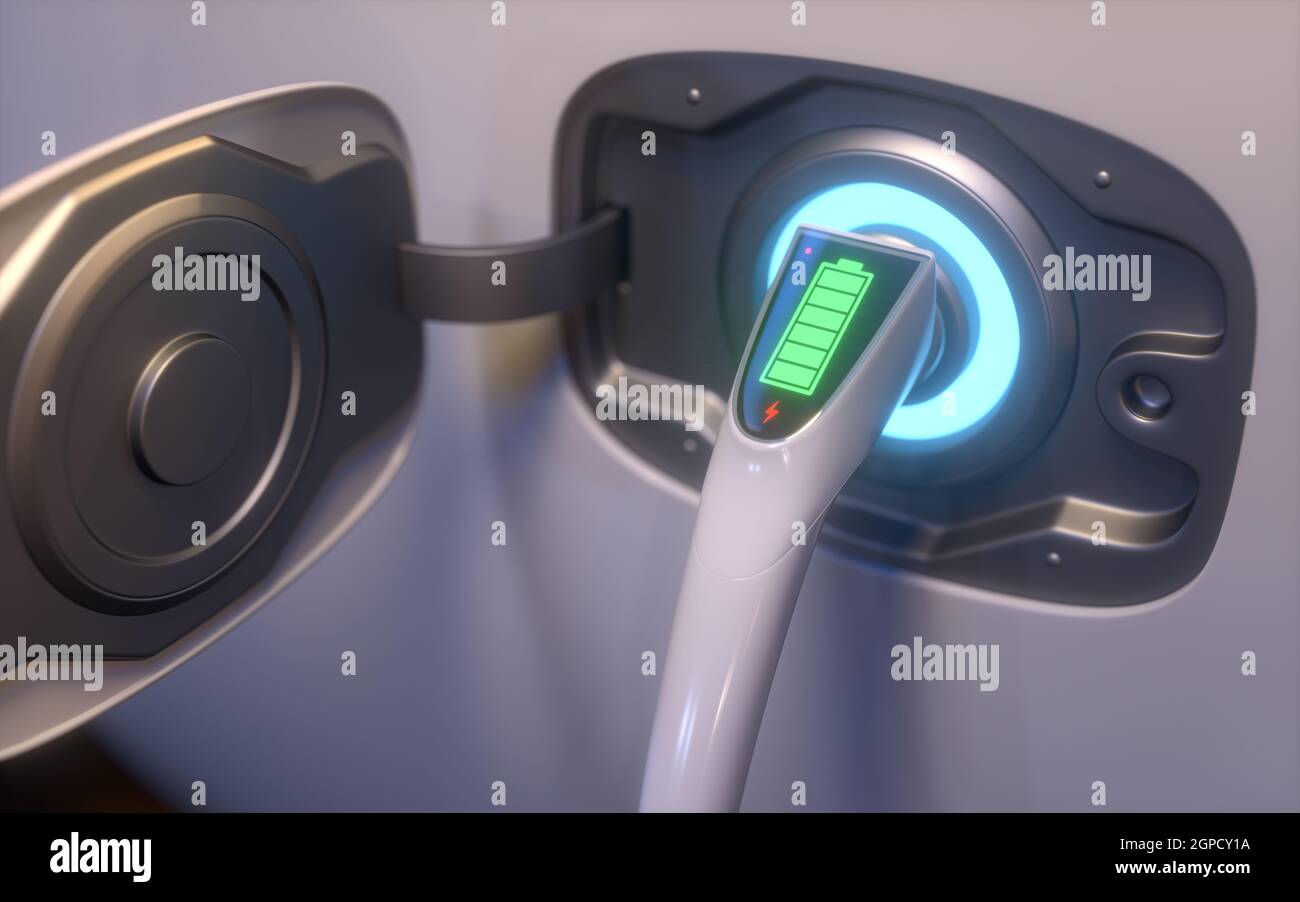 3D illustration, concept image of vehicle powered by electric energy with charge stored in