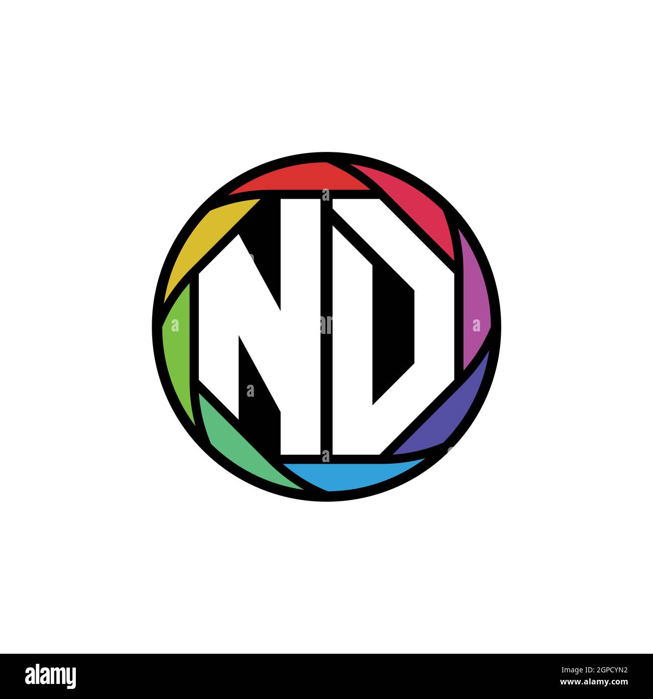 ND Monogram Logo Letter Geometric Polygonal lens rainbow, geometric circle rounded shape style Stock Vector