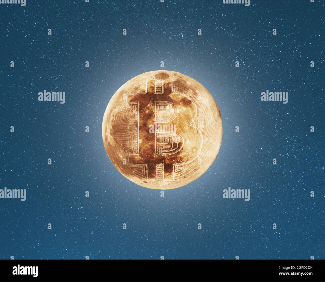 Bitcoin coin symbol on the full moon surface, starry sky background,  cryptocurrency to the moon concept Stock Photo - Alamy