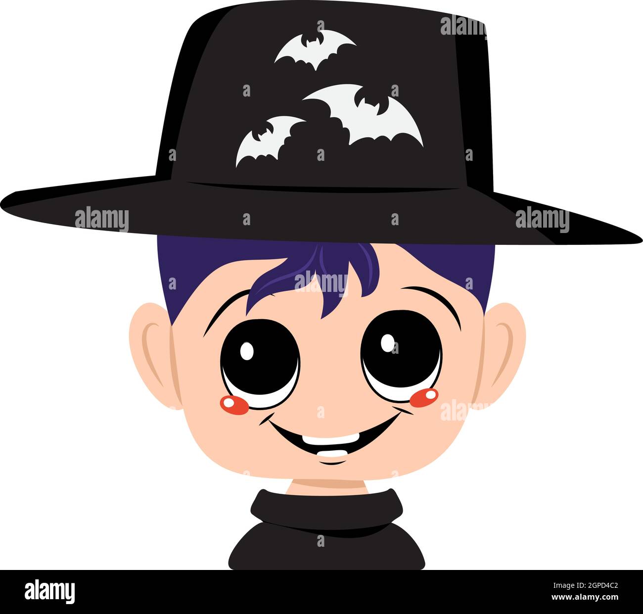 Boy with blue hair, big eyes and a wide happy smile in carnival hat with bats. Head of child with joyful face. Halloween party decoration and costume Stock Vector