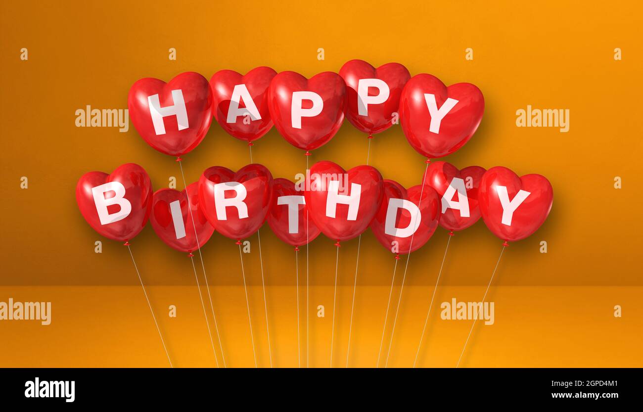 Red happy birthday heart shape air balloons on orange background scene ...