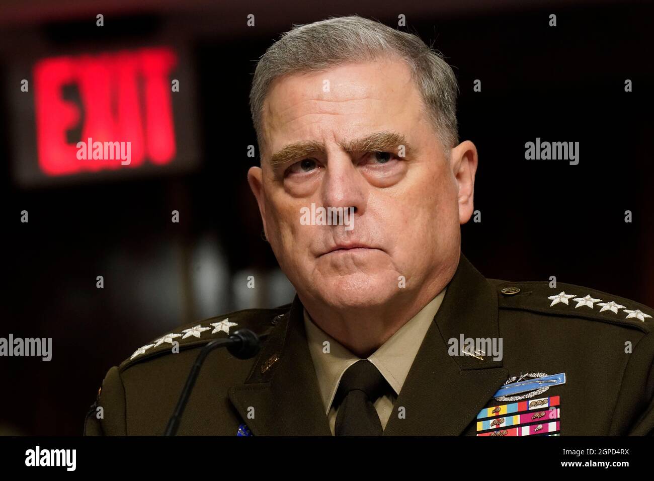(210929) -- WASHINGTON, Sept. 29, 2021 (Xinhua) -- Chairman of the U.S. Joint Chiefs of Staff Gen. Mark Milley testifies during a Senate Armed Services Committee hearing in Washington, DC, the United States, on Sept. 28, 2021. Gen. Mark Milley, chairman of the U.S. Joint Chiefs of Staff, said on Tuesday during a Senate hearing that it is a 'strategic failure' with the Taliban back in power and U.S. withdrawal from Afghanistan. Milley, alongside Secretary of Defense Lloyd Austin and U.S. Central Command head Gen. Kenneth McKenzie, testified for the first time before Congress since the Unite Stock Photo
