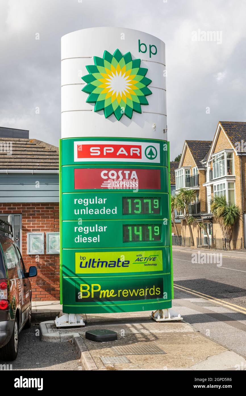 A fuel station price sign with increased prices during the lack of HGV drivers fuel shortage. Stock Photo