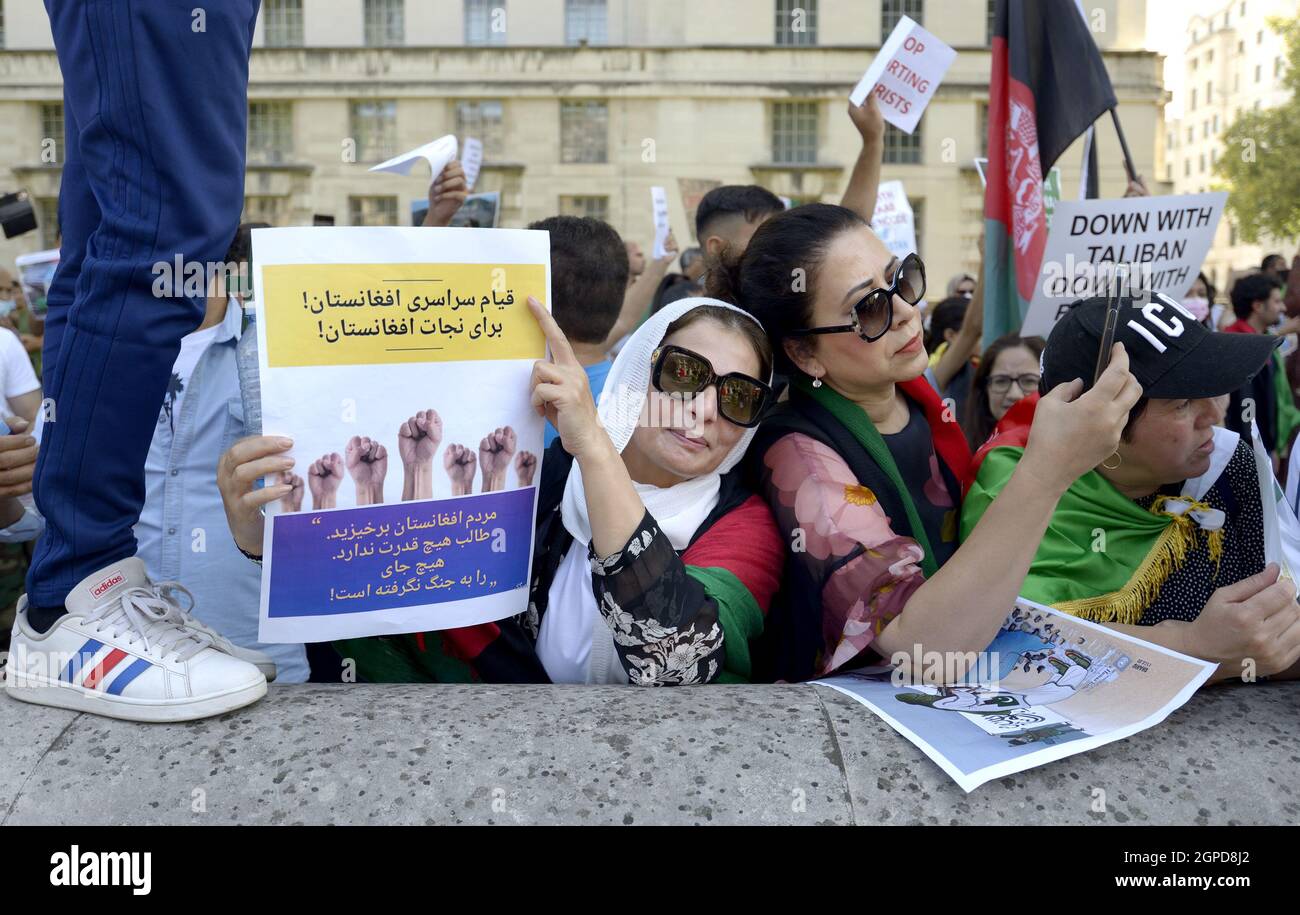 London, UK. 7th Sep, 2021. Afghan protesters gather in large numbers outside Downing Street before marching through central London protesting the situ Stock Photo