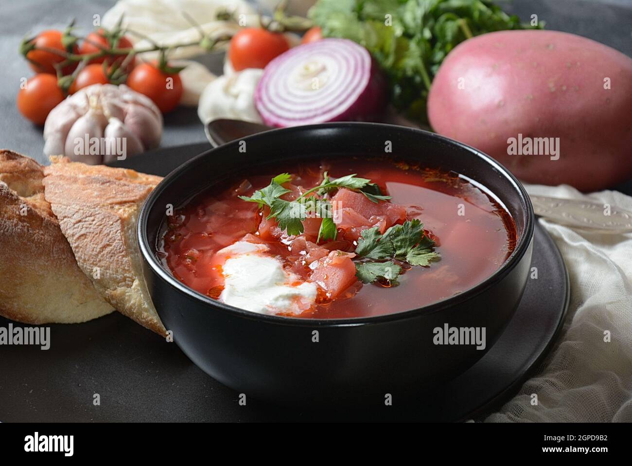 Traditional Ukrainian Russian borscht . Bowl of red beet root soup ...