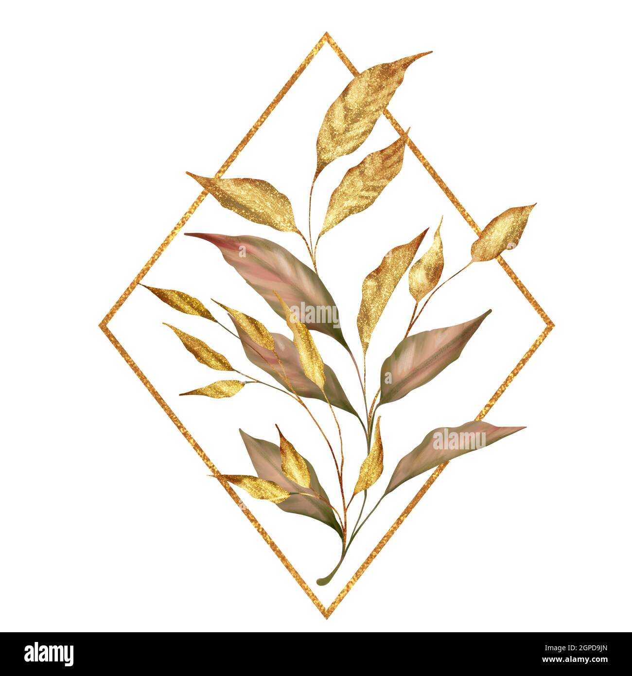 Floral illustration with gold frame and autumn leaves Stock Photo - Alamy