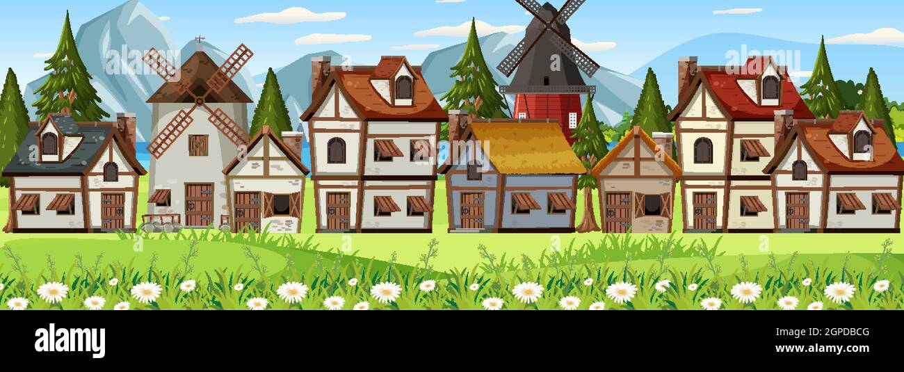 Medieval town landscape scene illustration Stock Vector Image & Art - Alamy
