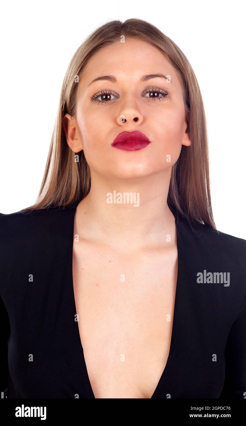 Stylish girl dressed in black with red lips isolated on white background Stock Photo