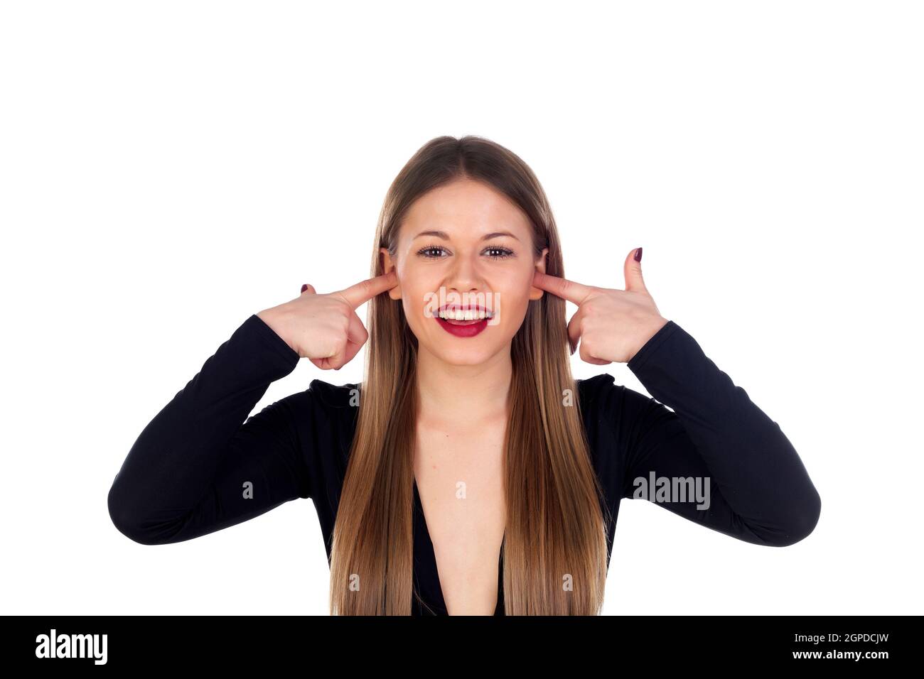 Stylish woman with red nails and lips covering the ears isolated on white background Stock Photo