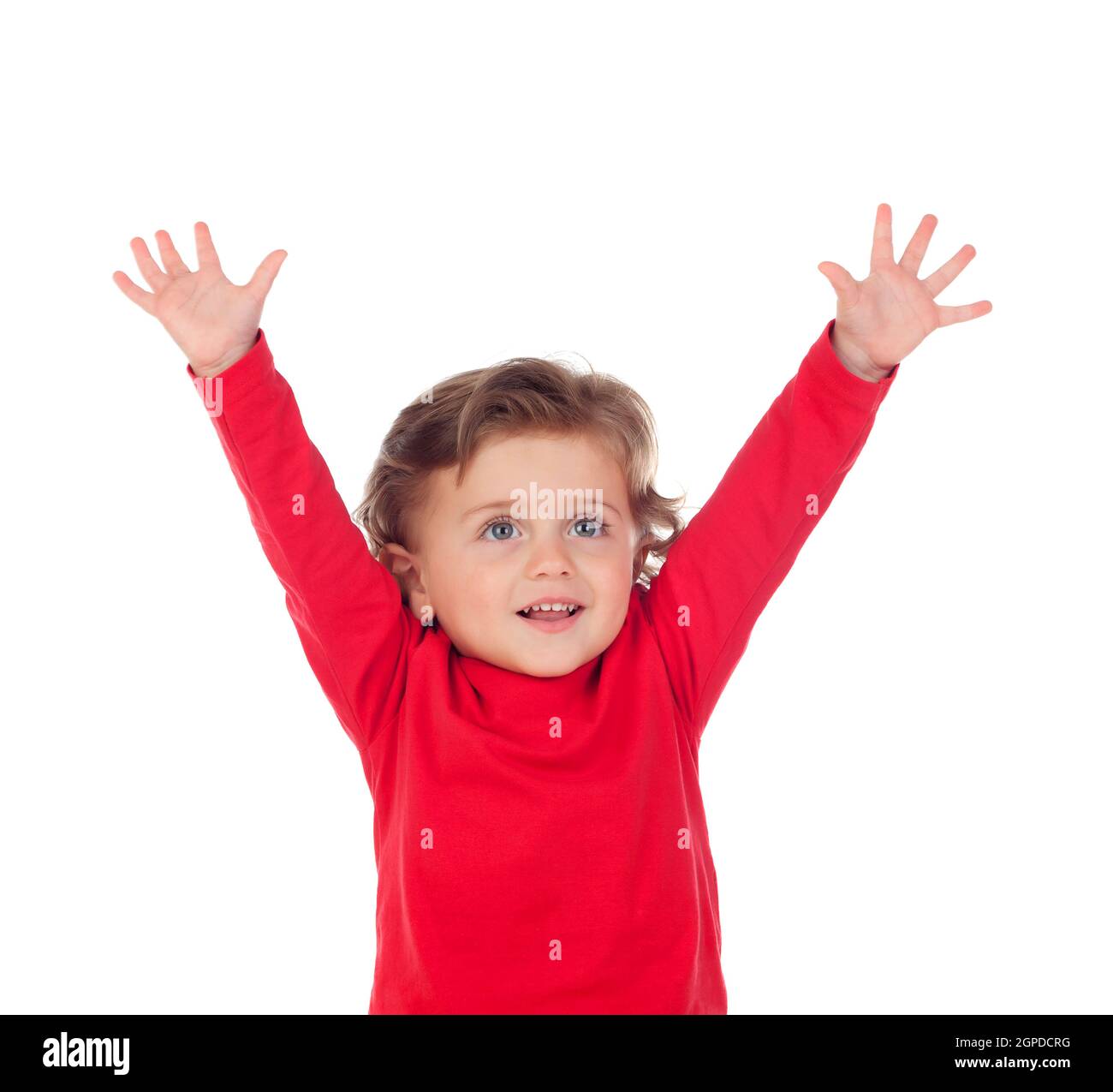 Happy success baby raising his hands isolated on a white background ...