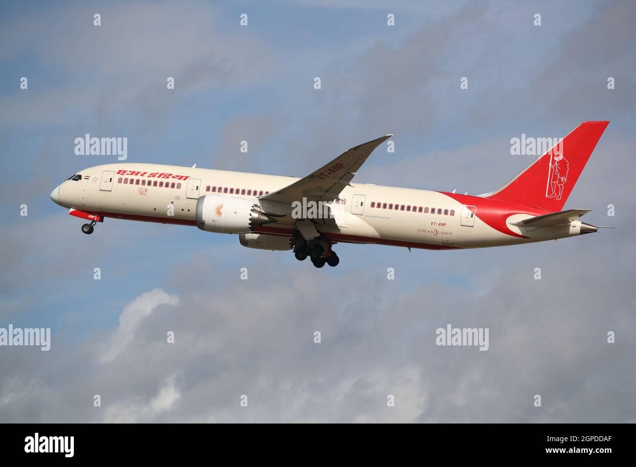 Air India Boeing 787-8 VT-ANP with special livery depicting Mahatma Ghandideparting from London Heathrow Airport, UK Stock Photo
