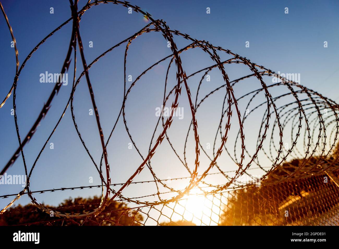 Fence with a barbed wire under a blue sky Stock Photo - Alamy
