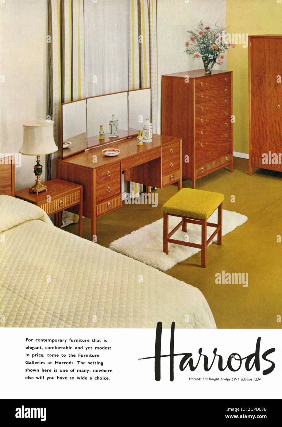A 1960s advert for Harrods of Knightsbridge, London, England, UK. The advert appeared in a magazine published in the UK in October 1962. It features a photograph of mid-century modern bedroom furniture from the upmarket department store, plus the distinctive Harrods logo – vintage 1960s graphics. Stock Photo