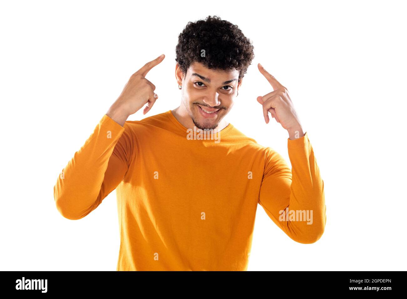 Young Afro Man Thinking And Pointing His Head Isolated On A White 