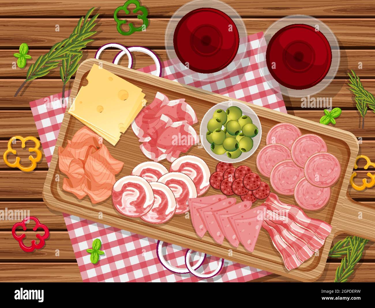 Platter of cold meats and smoked meat on the table background illustration Stock Vector