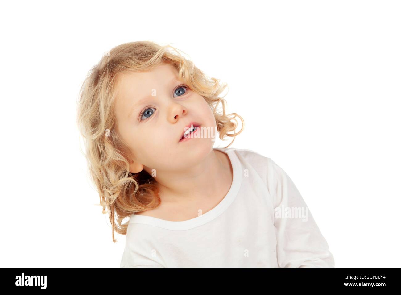 Beautiful little child looking up isolated on a white background Stock Photo