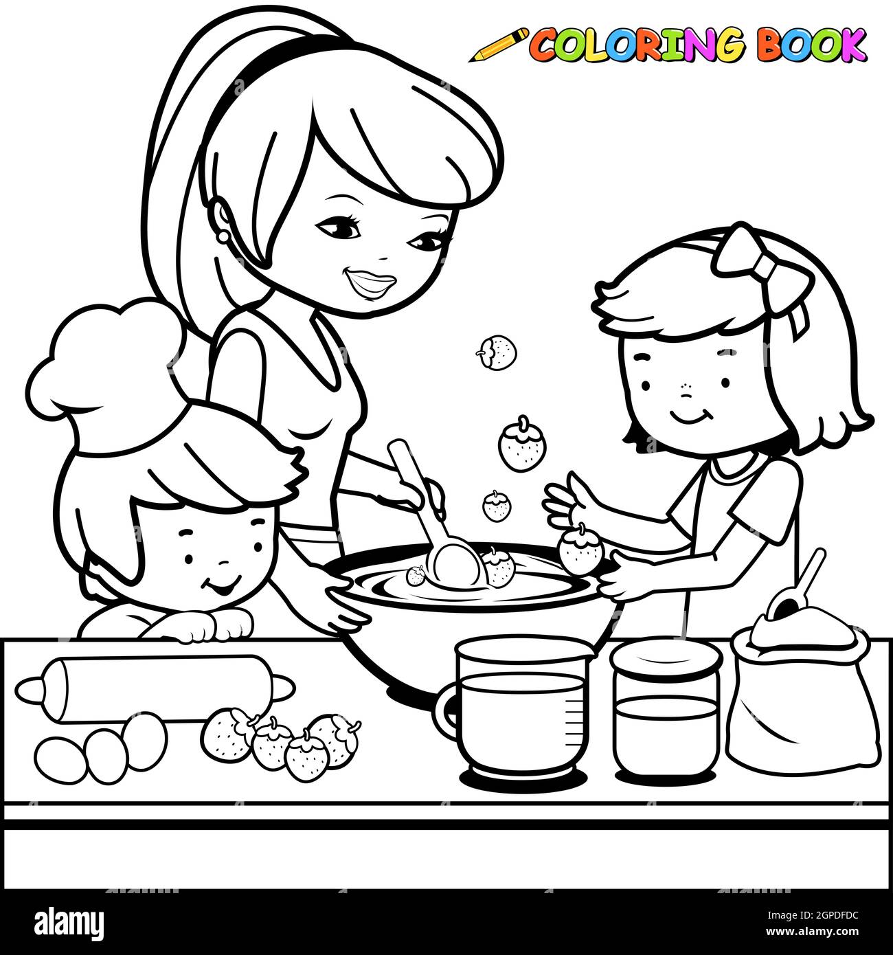 Mother and children cooking in the kitchen. Black and white coloring