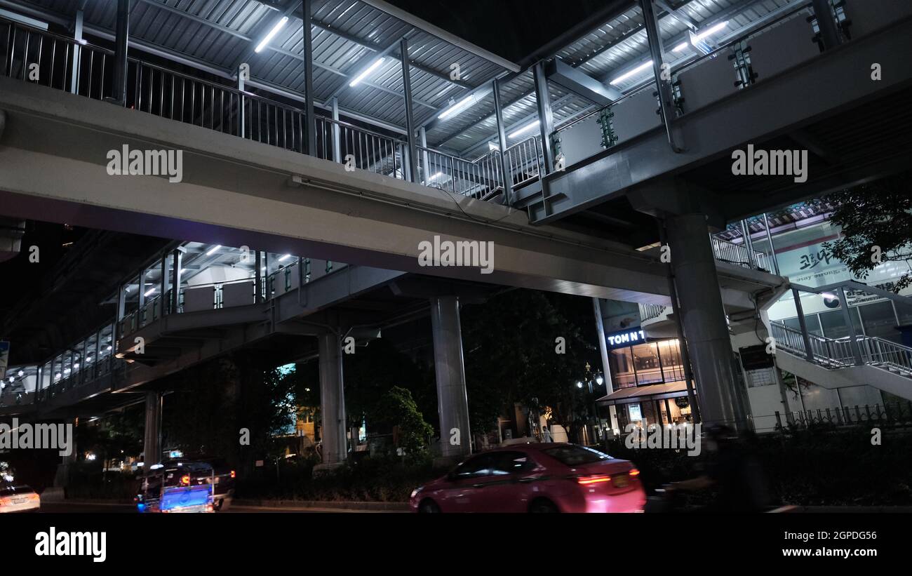 BTS Skywalk at Terminal 21 Sukhumvit Road between Soi Nana and Soi Asoke on Sunday Night  October 26 2021 Covid 19, Pandemic, lockdown about 7:45 pm Stock Photo