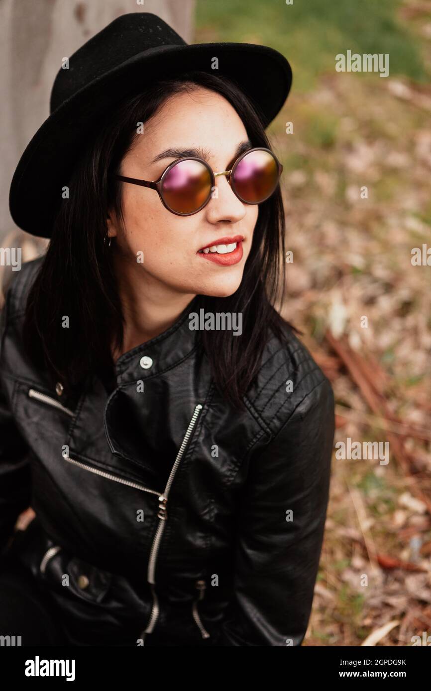 Pretty brunette girl leather jacket hi-res stock photography and images ...