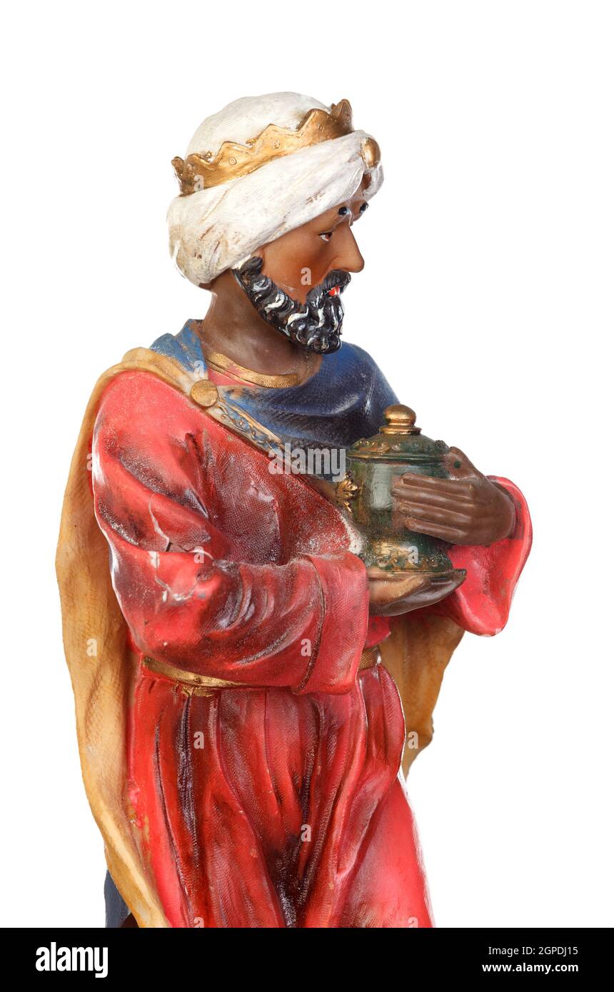 Baltasar, one of the three wise men. Ceramic figure isolated on white background Stock Photo
