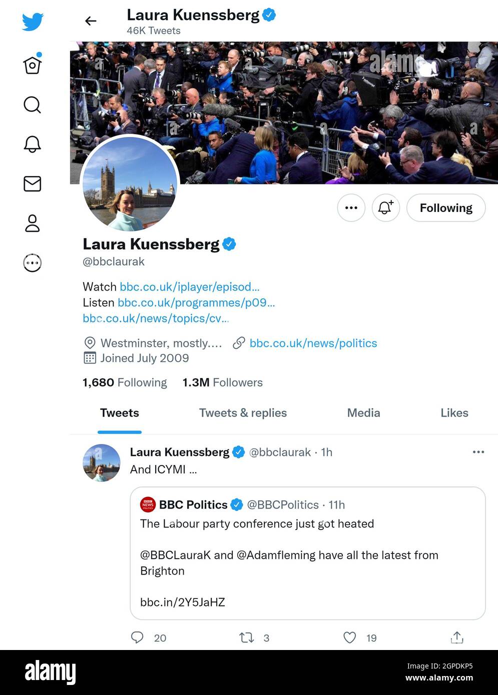 Twitter page (Sept 2021) of Laura Kuenssberg: political editor, BBC News Stock Photo