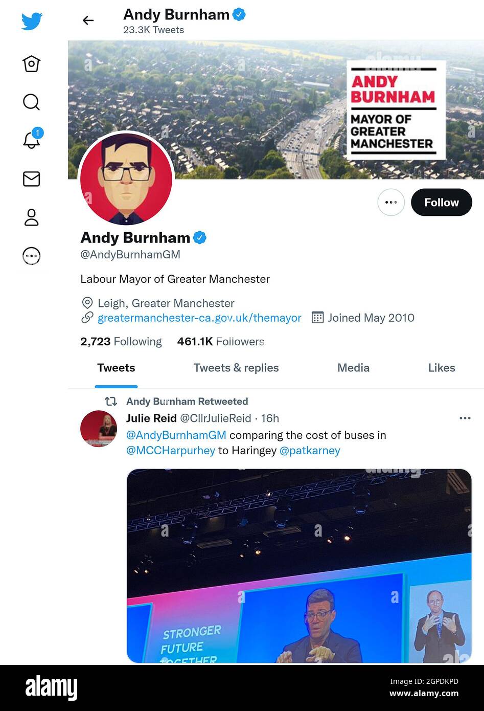 Twitter page (Sept 2021) of Andy Burnham:  Mayor of Greater Manchester, Former Labour MP Stock Photo