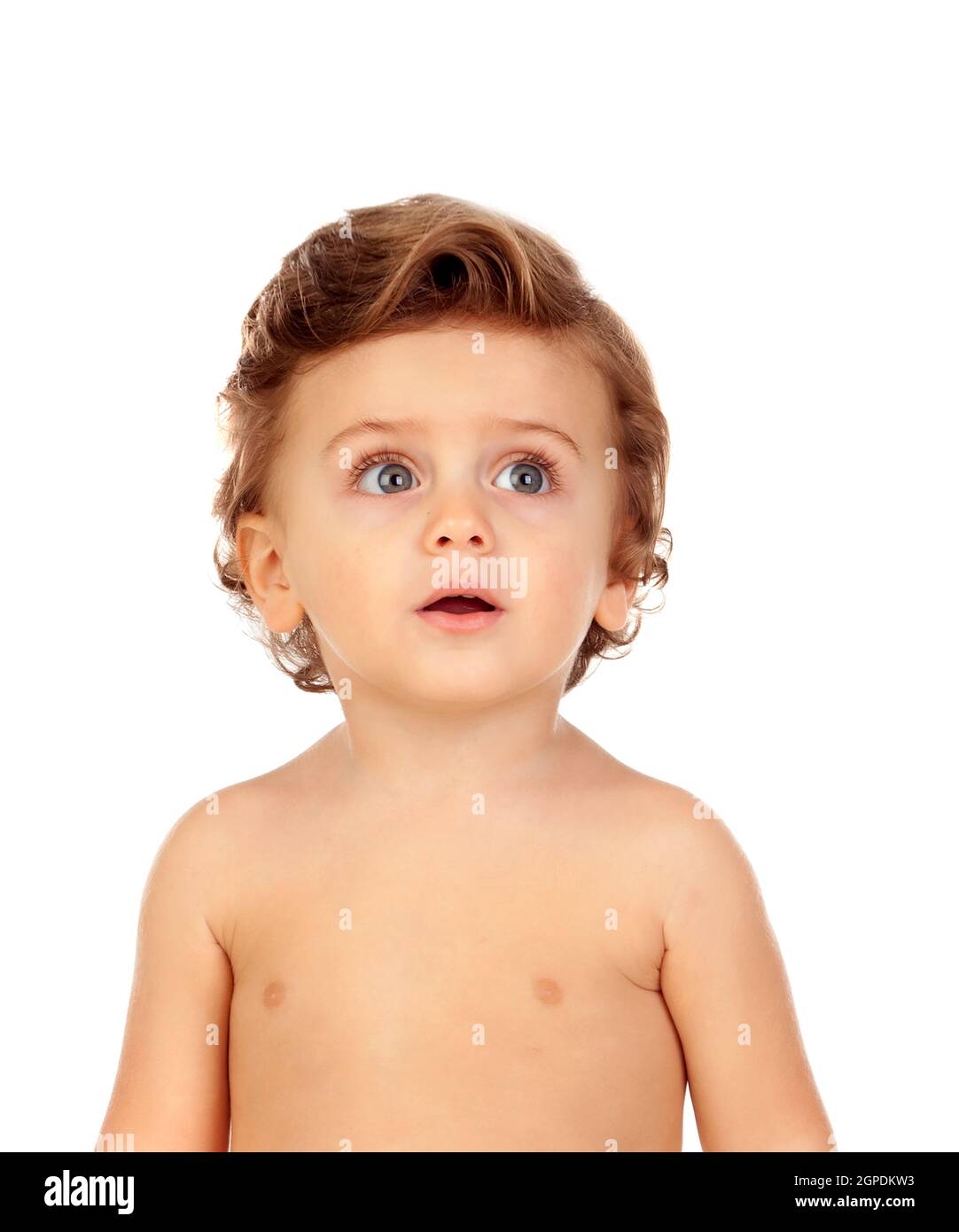 Funny expression of a beautiful baby isolated on a white background Stock Photo
