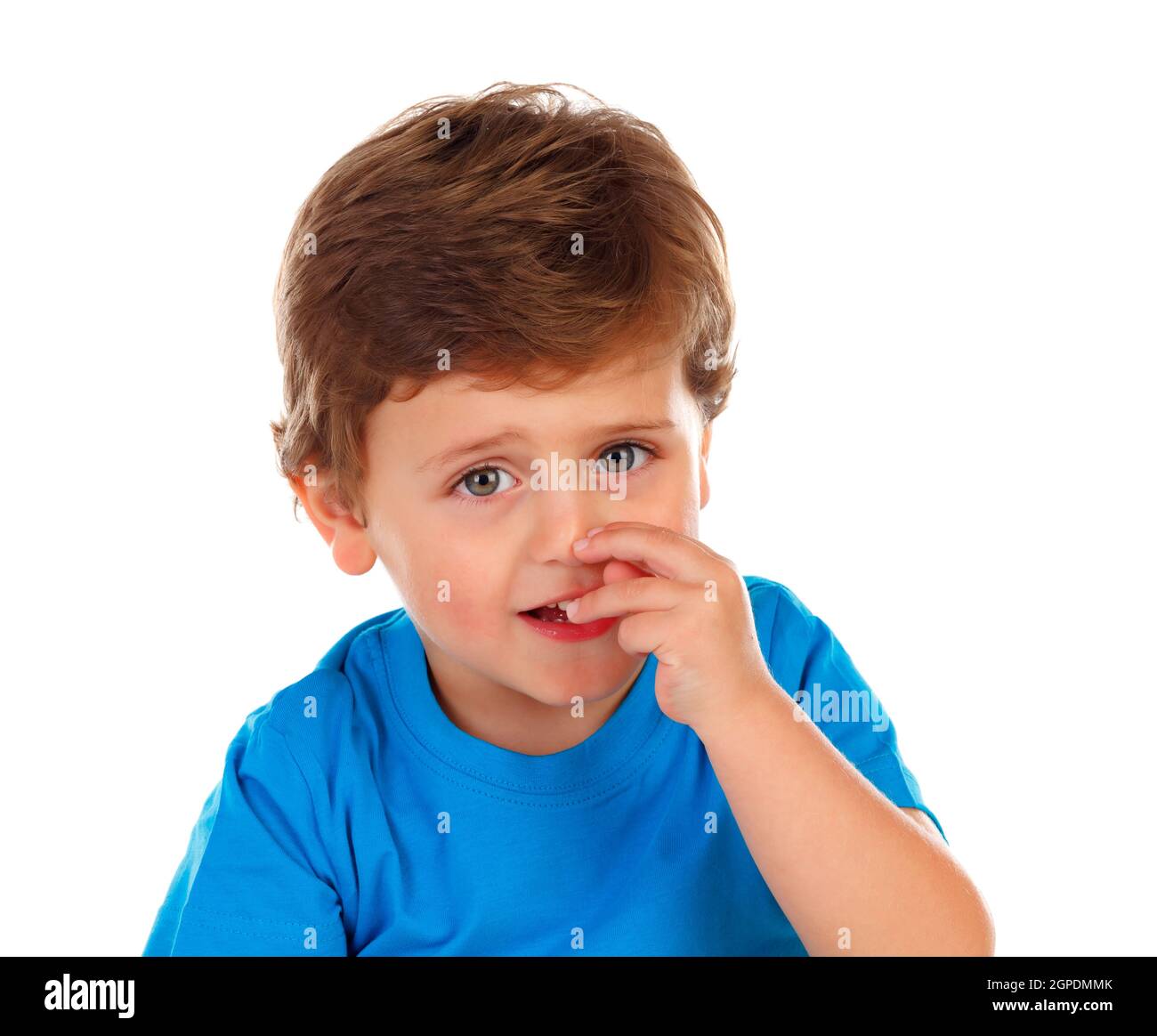 Funny child scratching his nose isolated on a white background Stock ...