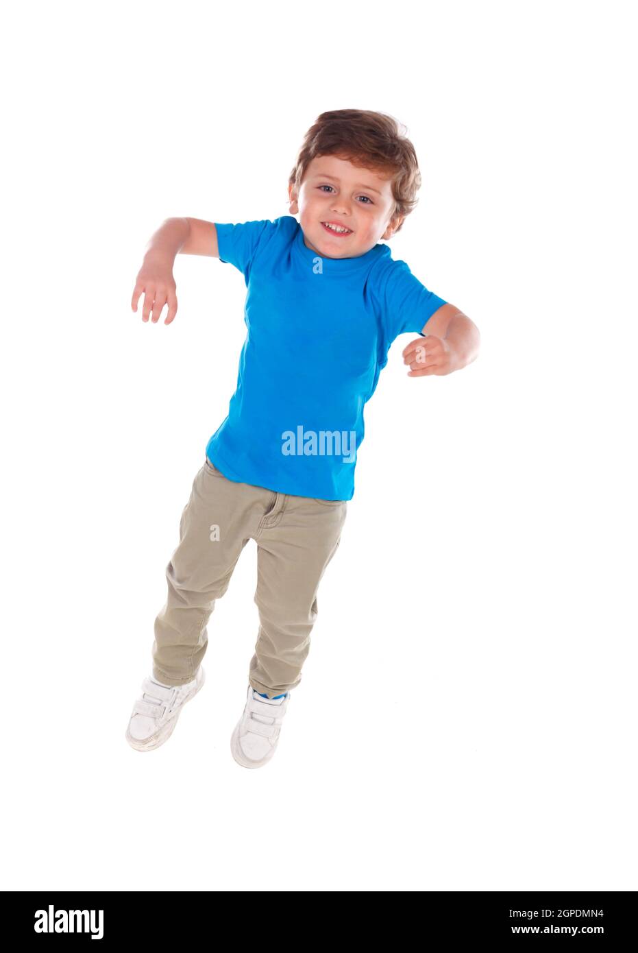 Beautiful little child three years old wearing blue t-shirt solated on white background Stock Photo