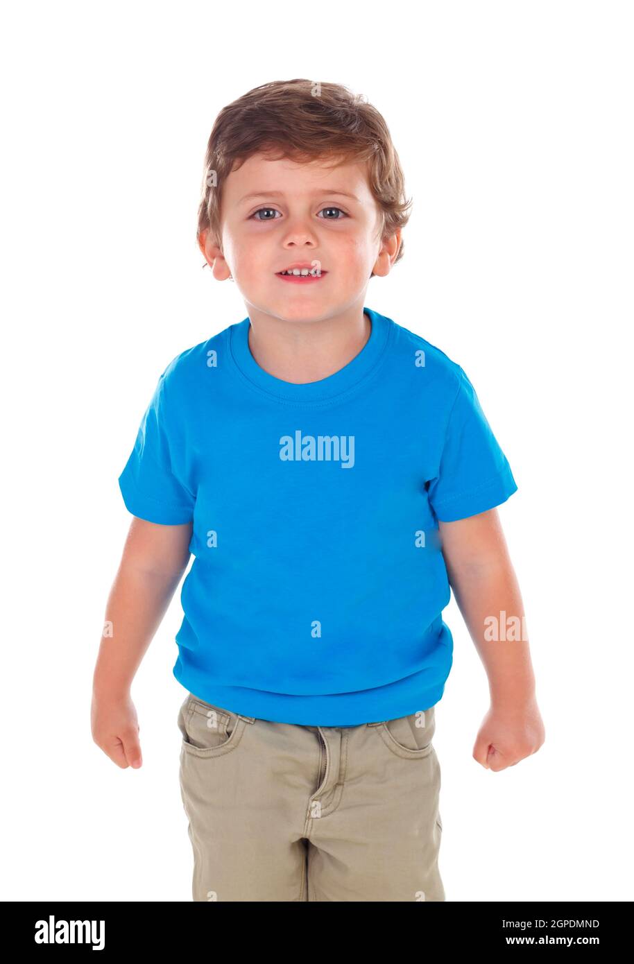 Beautiful little child three years old wearing blue t-shirt solated on white background Stock Photo