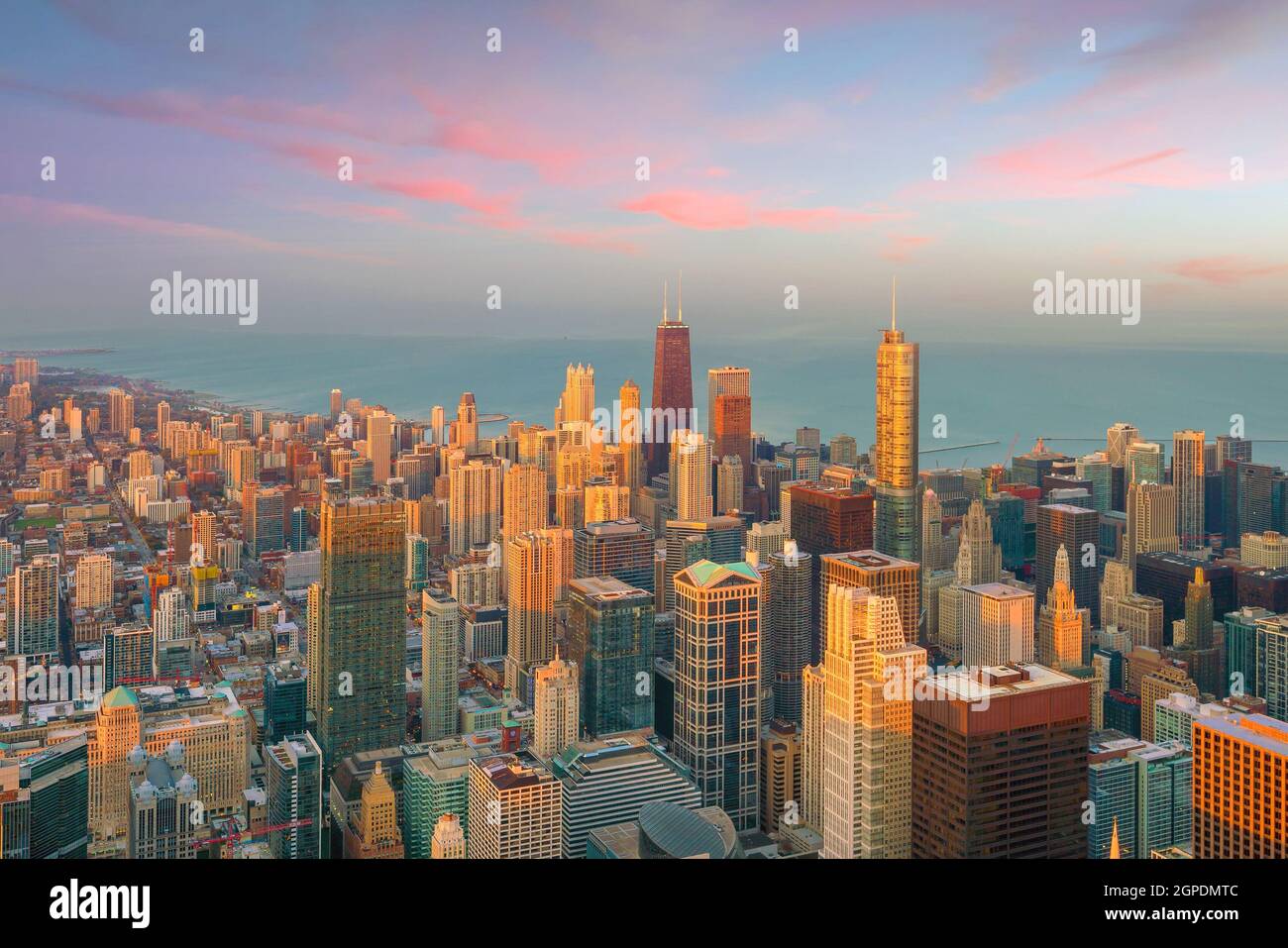 Aerial view of Chicago downtown at sunset from high above Stock Photo ...