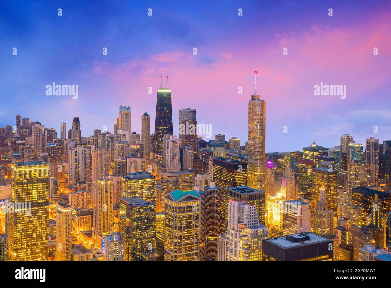 Aerial view of Chicago downtown at sunset from high above Stock Photo ...