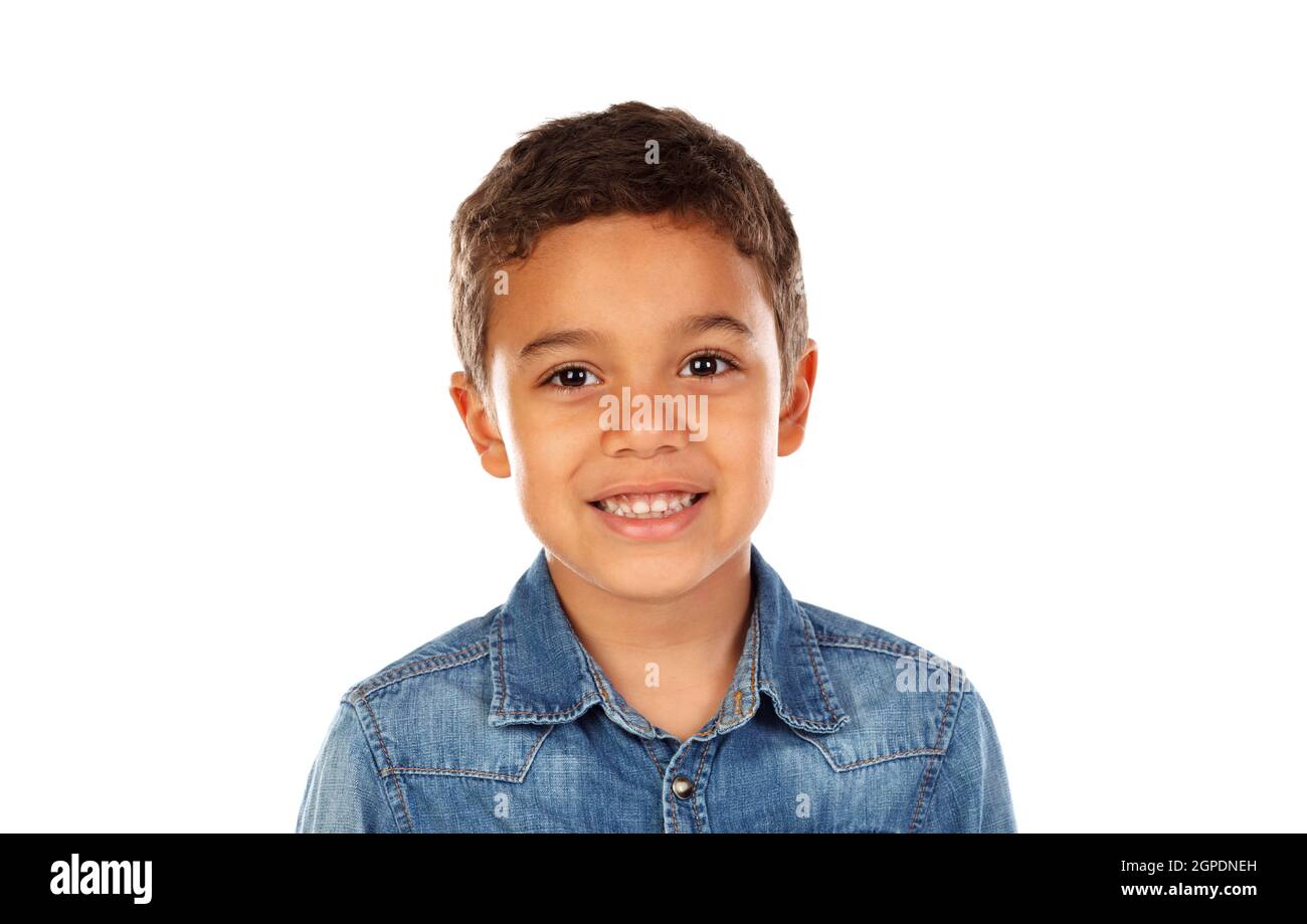 Funny small child with dark hair and black eyes isolated on a white background Stock Photo