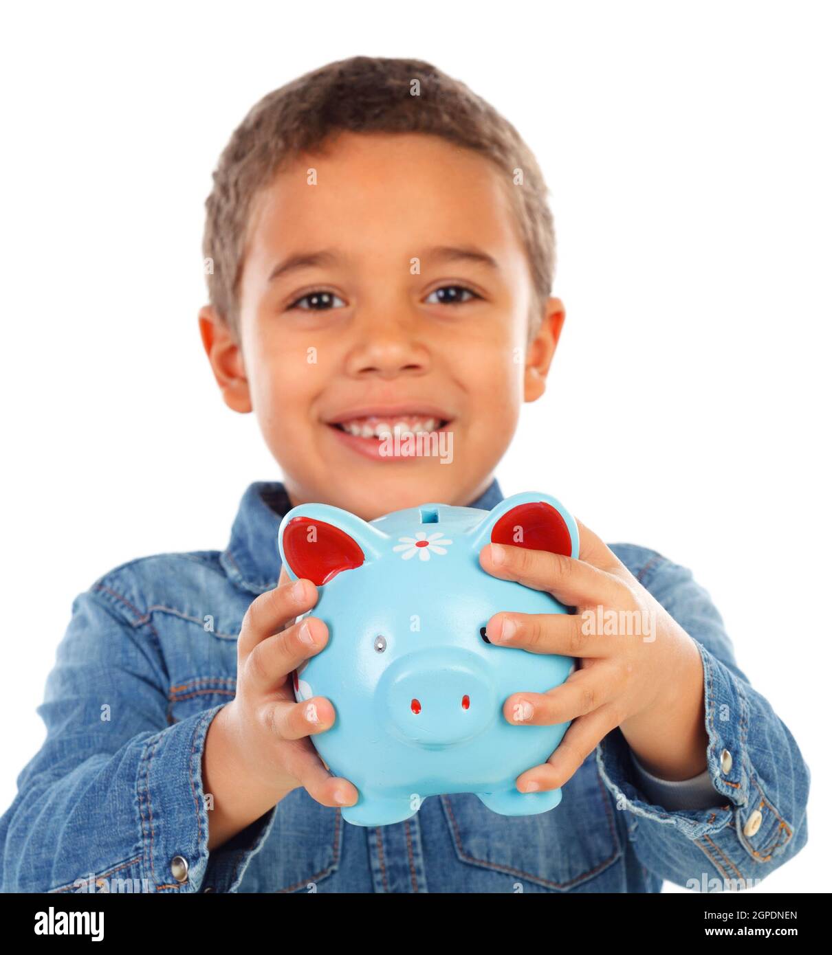 Happy child with blue money box isolated on a white background Stock Photo
