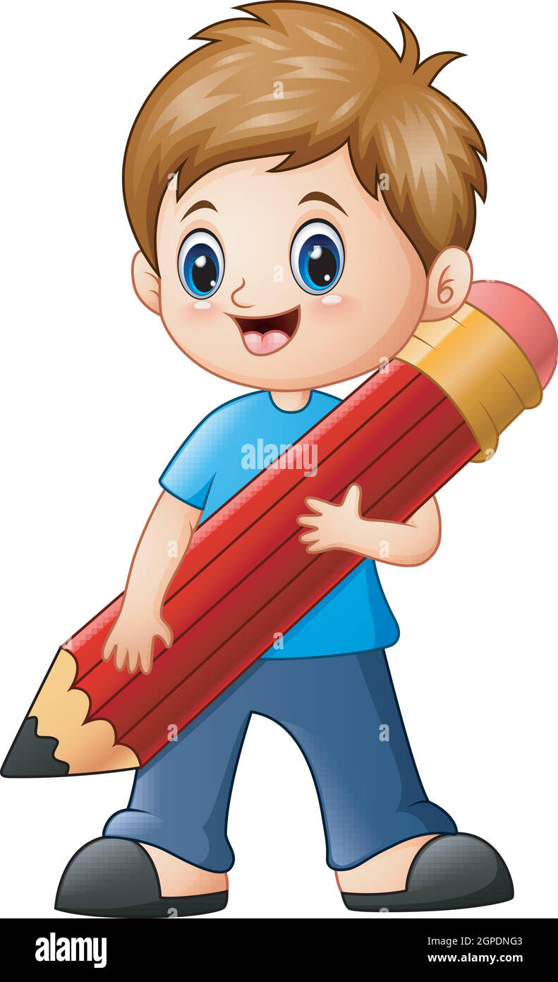 Vector illustration of Little boy holding a pencil Stock Vector