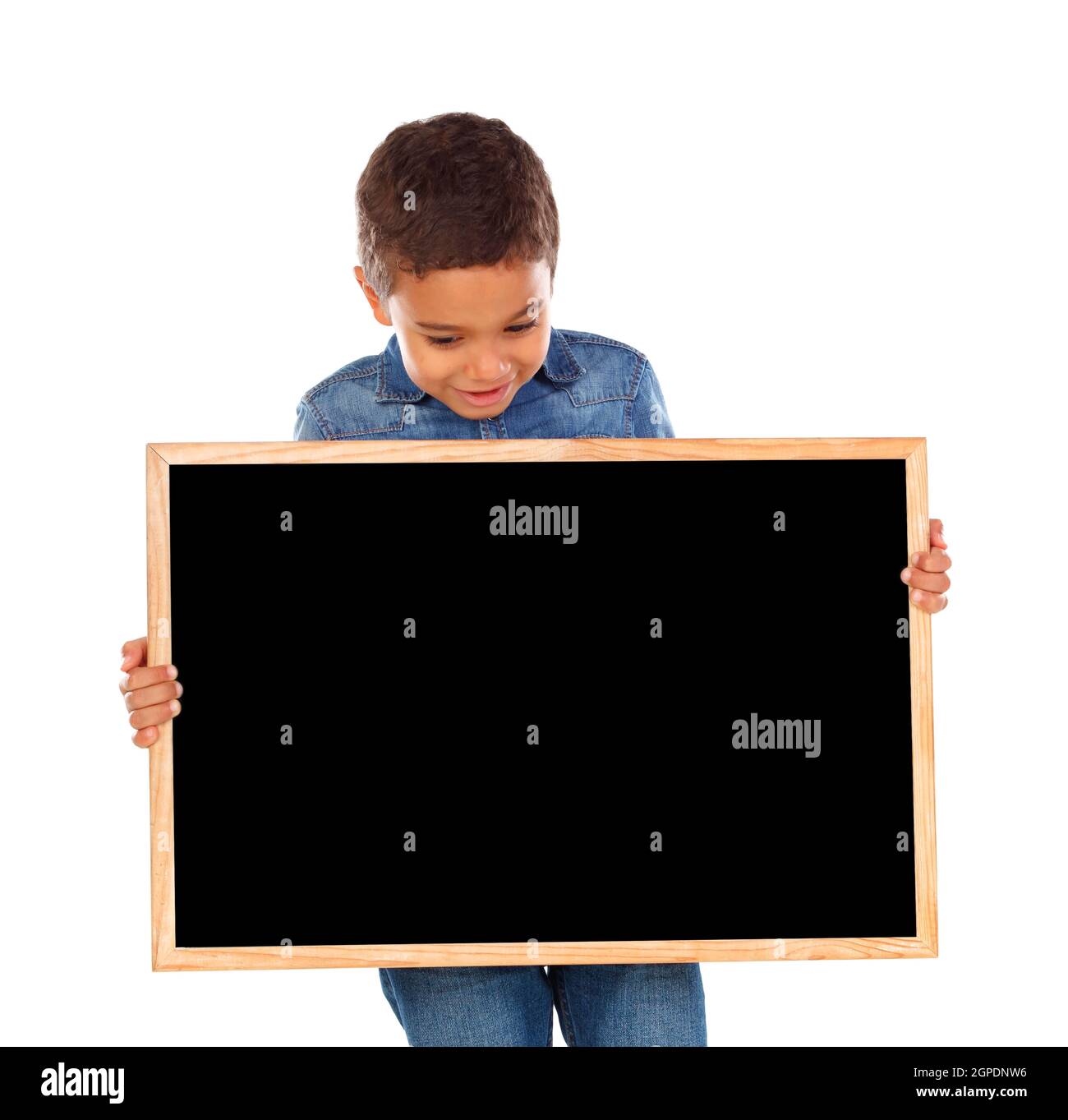 Happy child holding a blank slate isolated on a white background Stock ...