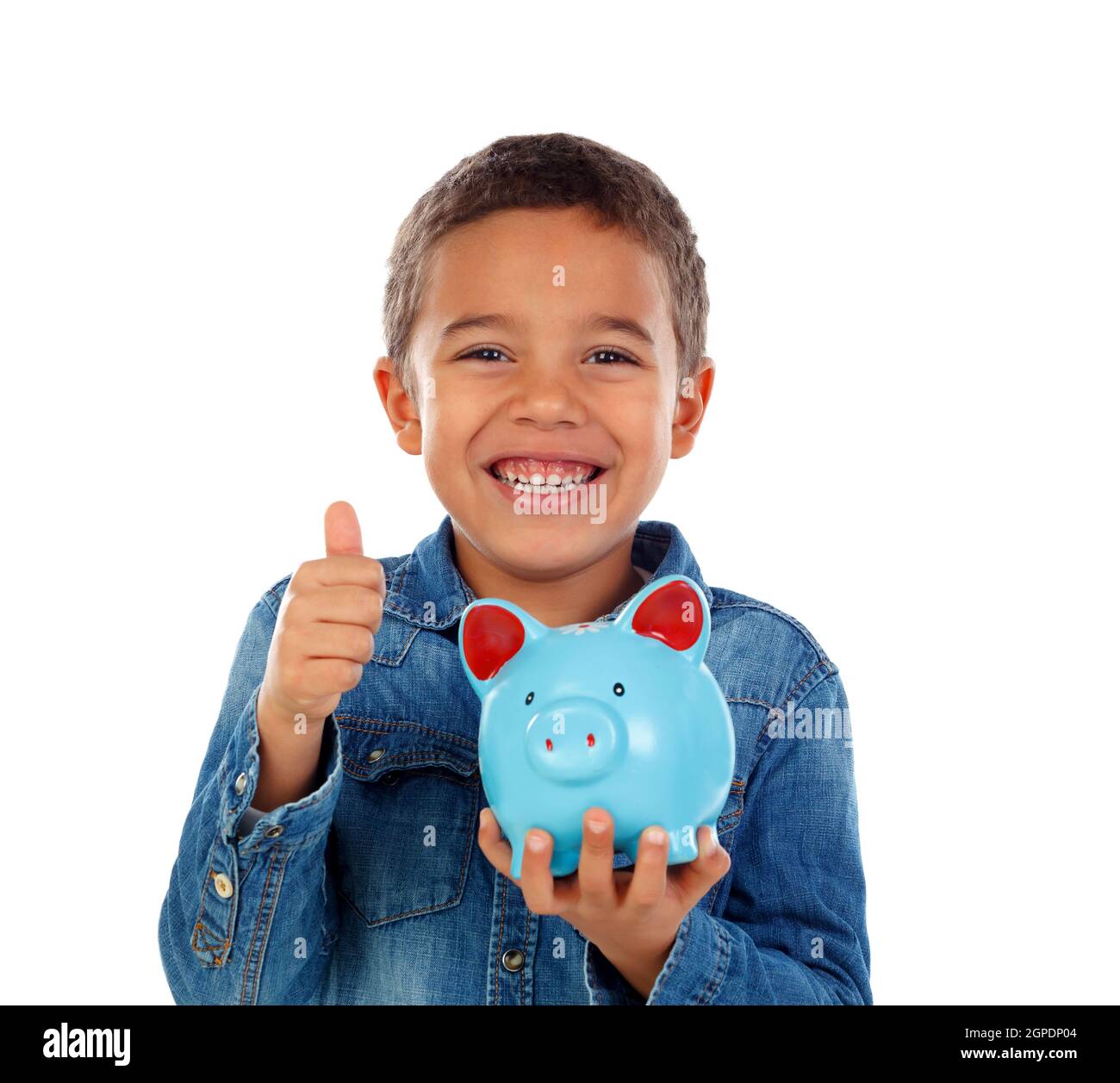 Happy child with blue money box isolated on a white background Stock