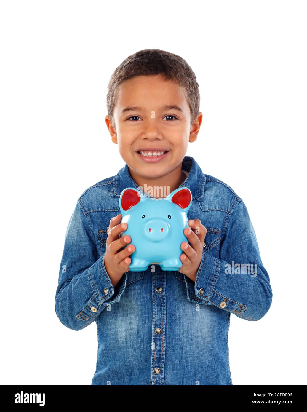 Happy child with blue money box isolated on a white background Stock