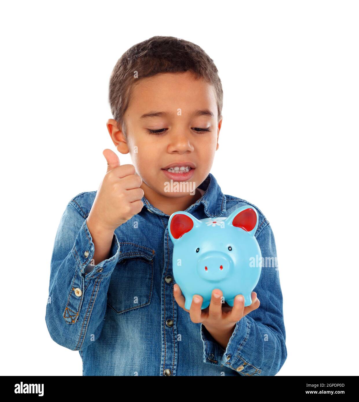Happy child with blue money box isolated on a white background Stock