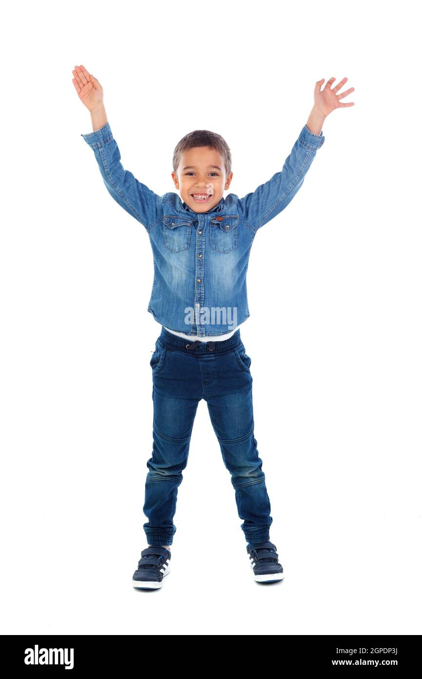 Happy child raising the arms isolated on a white background Stock Photo
